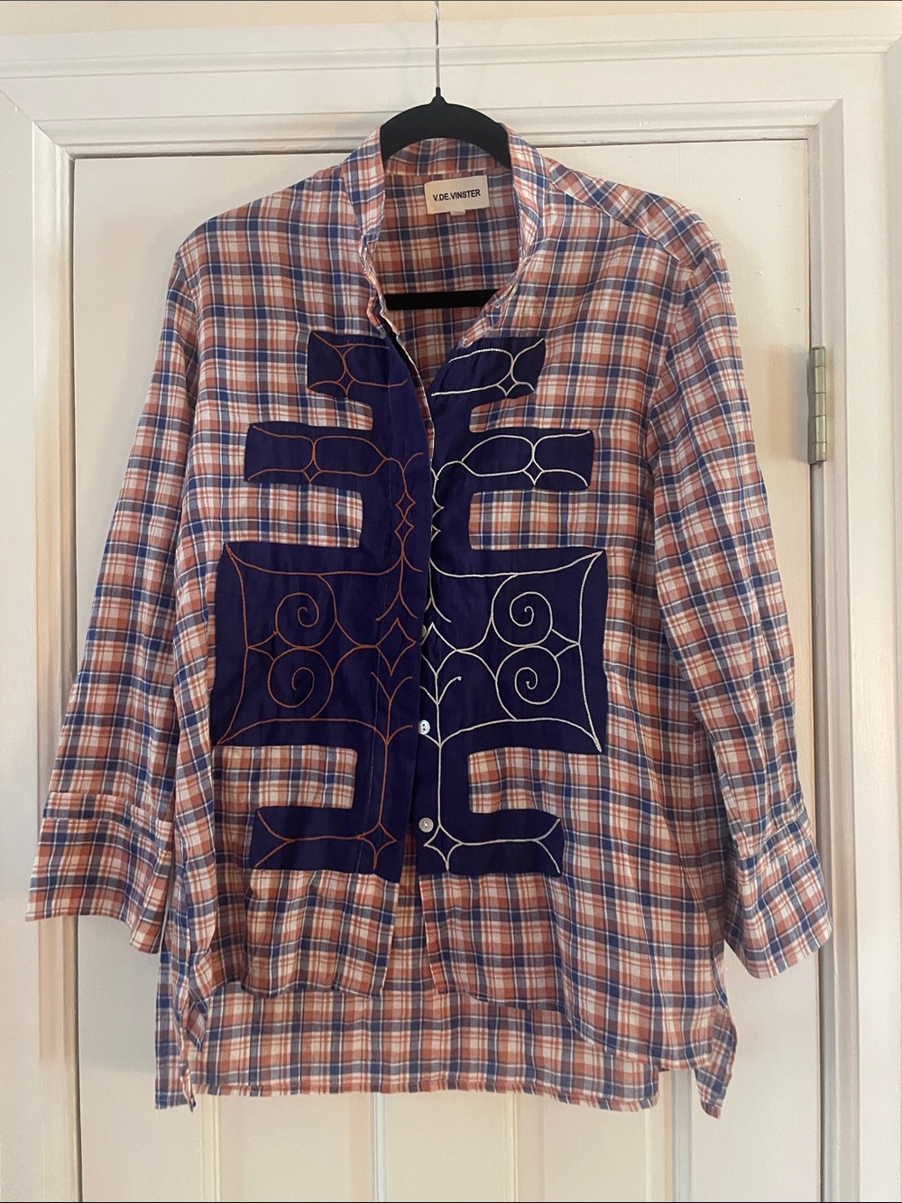 V De Vester Plaid Button-Up Shirt with Navy Appliqué
